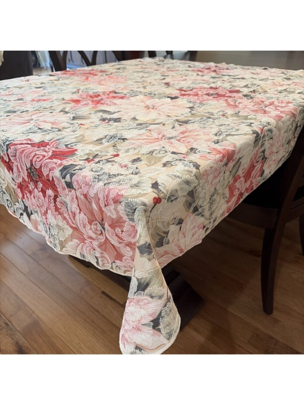 Vintage Jacquard Poinsettia Tablecloth 50X50" Square Multicolor Holiday 80s